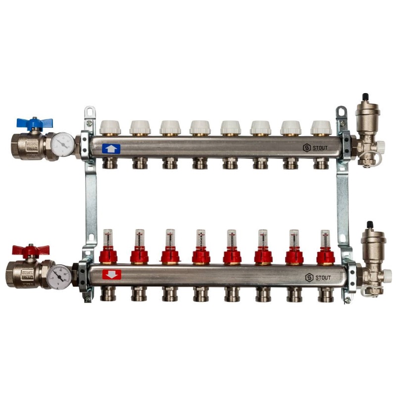 Коллектор в сборе Stout SMS 0907 000008 (нержавеющая сталь, расходомеры, краны, воздухоотводчики, 8 выходов)