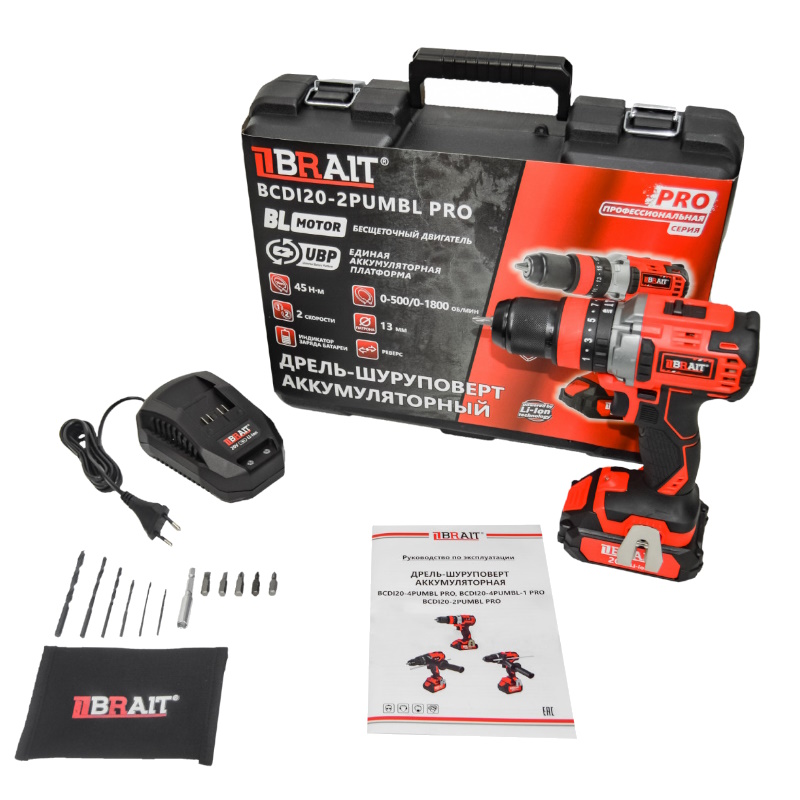 Дрель аккумуляторная Brait BCDI20-2PUMBL PRO 21.01.204.101, 20В, 1 АКБ 2,0Ач, быстрозажимной патрон, 2 скорости в Костроме