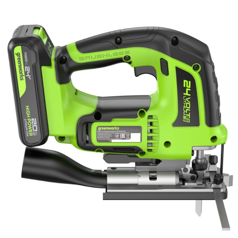 Лобзик аккумуляторный Greenworks GD24JS120 24V 3601407CUA, б/щет, 120 мм, 0-3500/мин, 4-ст.маятник,LED,1х2Ач,ЗУ,кор в Кинешме