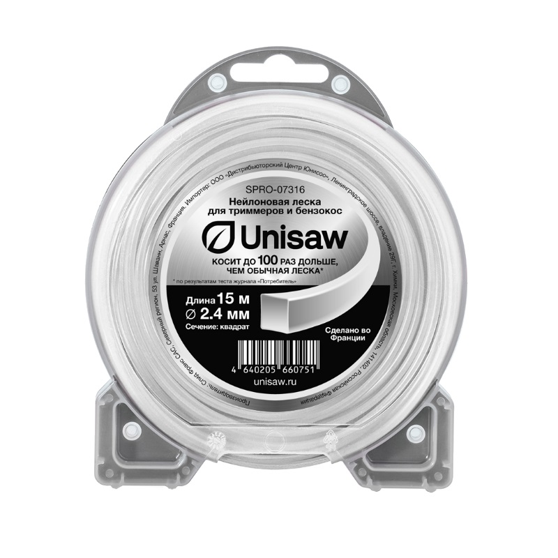 Леска триммерная Unisaw SPRO-07316, 2.4 мм, 15 м, квадрат