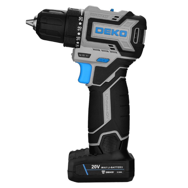 Дрель-шуруповерт аккумуляторная Deko Loner 20V PRO 085-1010, бесщеточная, компактная,  в кейсе, 20В, 2x3.0Ач в Череповце