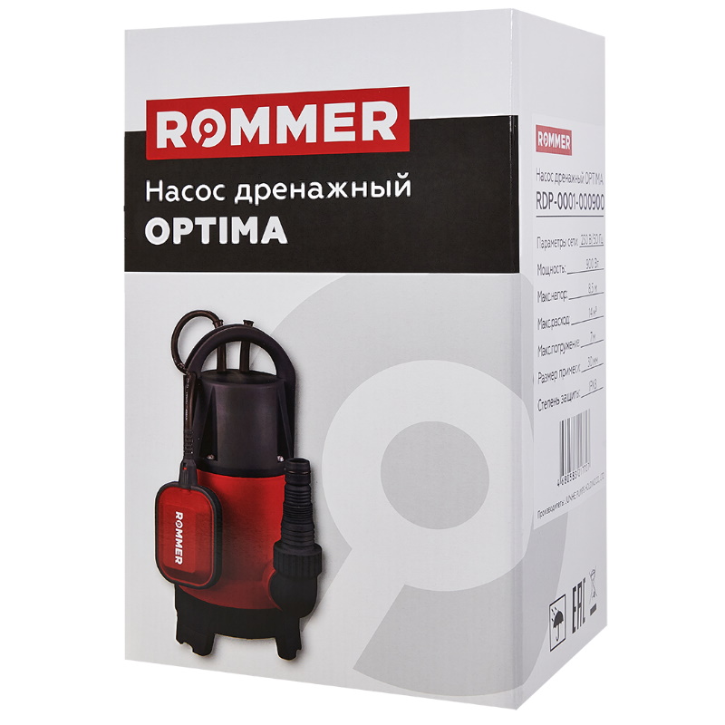 Насос дренажный Rommer OPTIMA RDP-0001-000900, H-8.5 м, Q-14 м3/ч, кабель 10 м, 900 Вт, универсальный