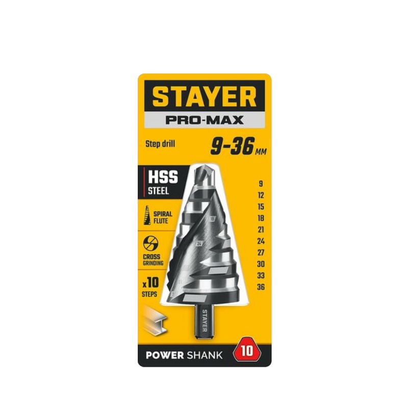Сверло ступенчатое Stayer Pro-Max 29661-9-36-10, 9-36 мм, 10 ступеней, винтовая спираль в Иваново