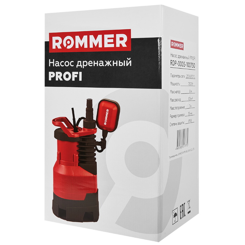 Насос дренажный Rommer PROFI RDP-0005-100750, H-8 м, Q-13.5 м3/ч, кабель 10 м, 750 Вт, для грязной воды в Кинешме