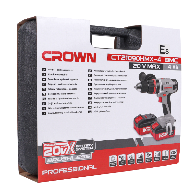 Аккумуляторный шуруповерт Crown CT21090HMX-4 BMC (75 Нм, 2x20В, 4 Ач, ЗУ, кейс) в Вологде
