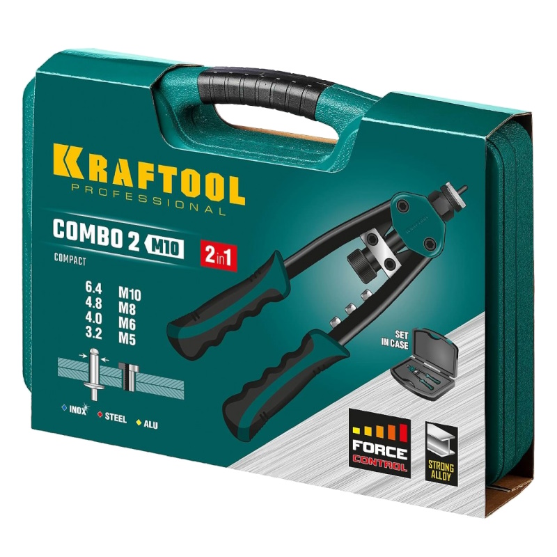 Комбинированный компактный двуручный заклепочник в кейсе Kraftool Combo2-M10 31181