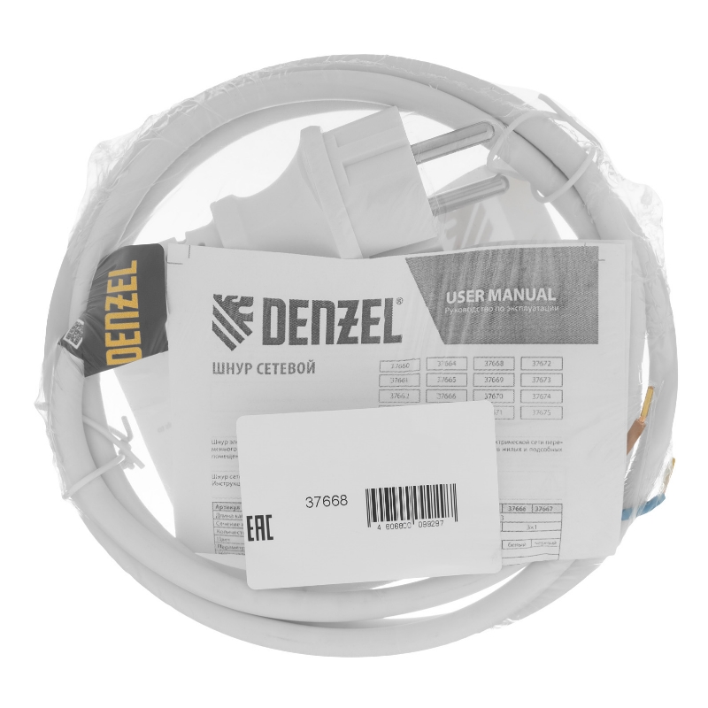 Шнур сетевой Denzel Energy Series 37668, ПВС, 1,5 м, 2х1,5 мм, с неразборной вилкой, белый в Иваново