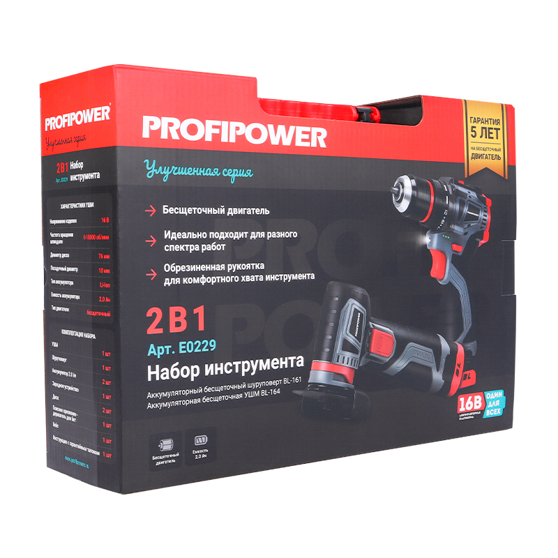 Аккумуляторный бесщеточный набор 2в1 ProfiPower ProfiSet 2B16 E0229, Li-ion 2шт, 2.0Ач, З/У, в кейсе, E0210, E0245 в Коврове