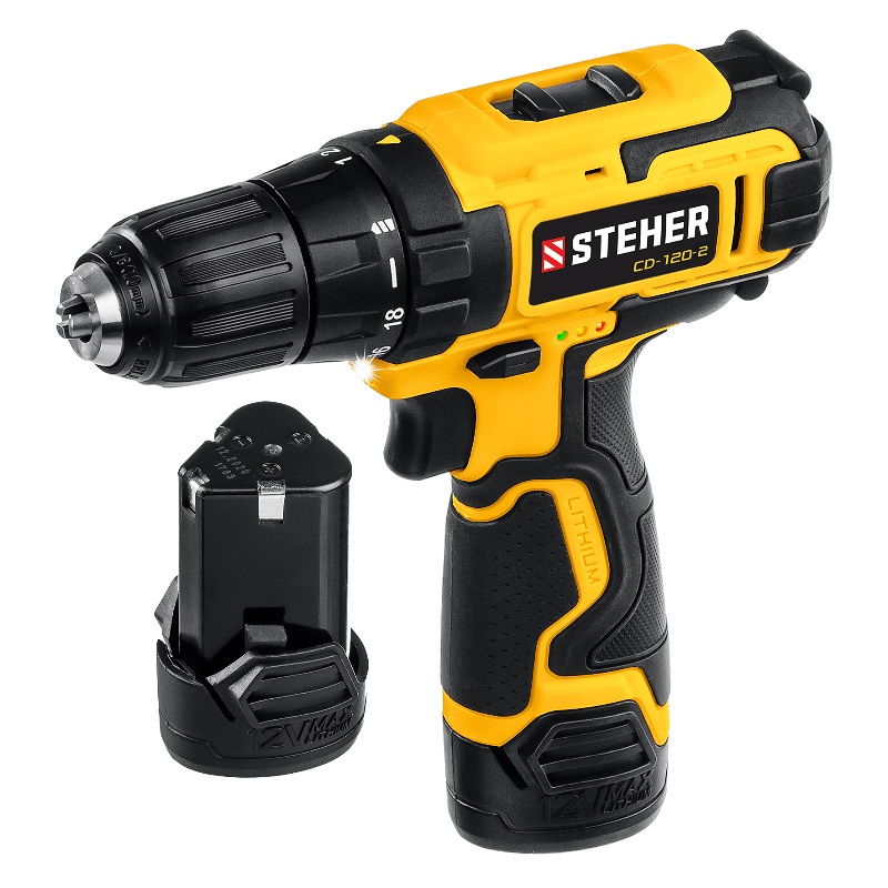 Дрель-шуруповерт Steher CD-120-2 12 В, 30 Нм, 2 АКБ (2 Ач), кейс