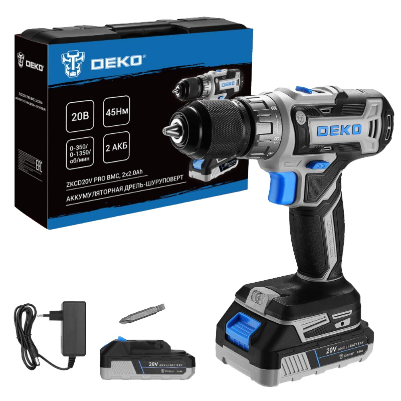 Дрель-шуруповерт аккумуляторная Deko ZKCD20V PRO 084-1005, в кейсе, 20В, 2x2.0Ач во Владимире