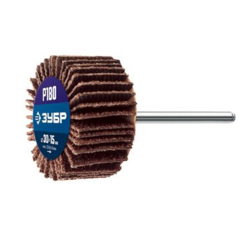 Круг шлифовальный Зубр МАСТЕР 36600-180_z01 веерный лепестковый на шпильке тип КЛО зерно-электрокорунд нормальный P180 15х30мм 152₽