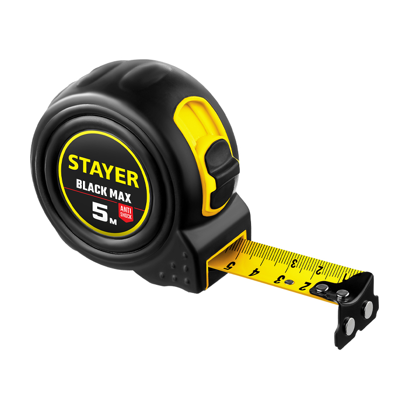 Рулетка Stayer BlackMax, 3410-05-25_z02 в ударостойком полностью обрезиненном корпусе и двумя фиксаторами (5мх25мм) в Кинешме