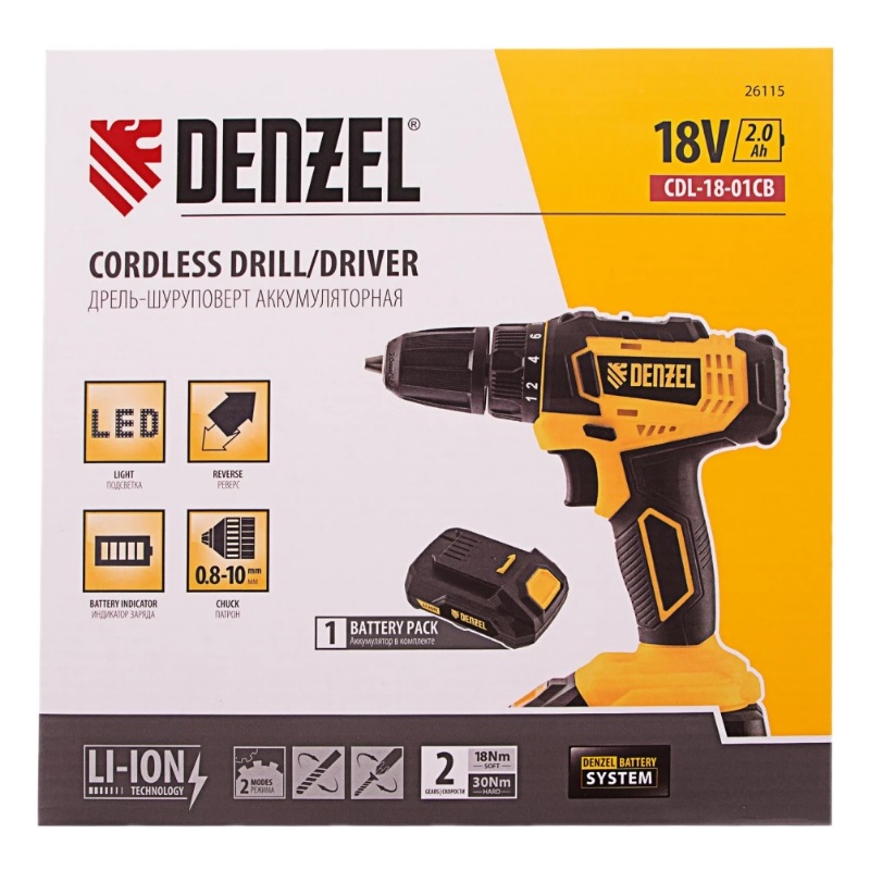 Дрель-шуруповерт аккумуляторная Denzel CDL-18-01CB 26115, Li-Ion, 18 В, 1 аккумулятор в Вологде