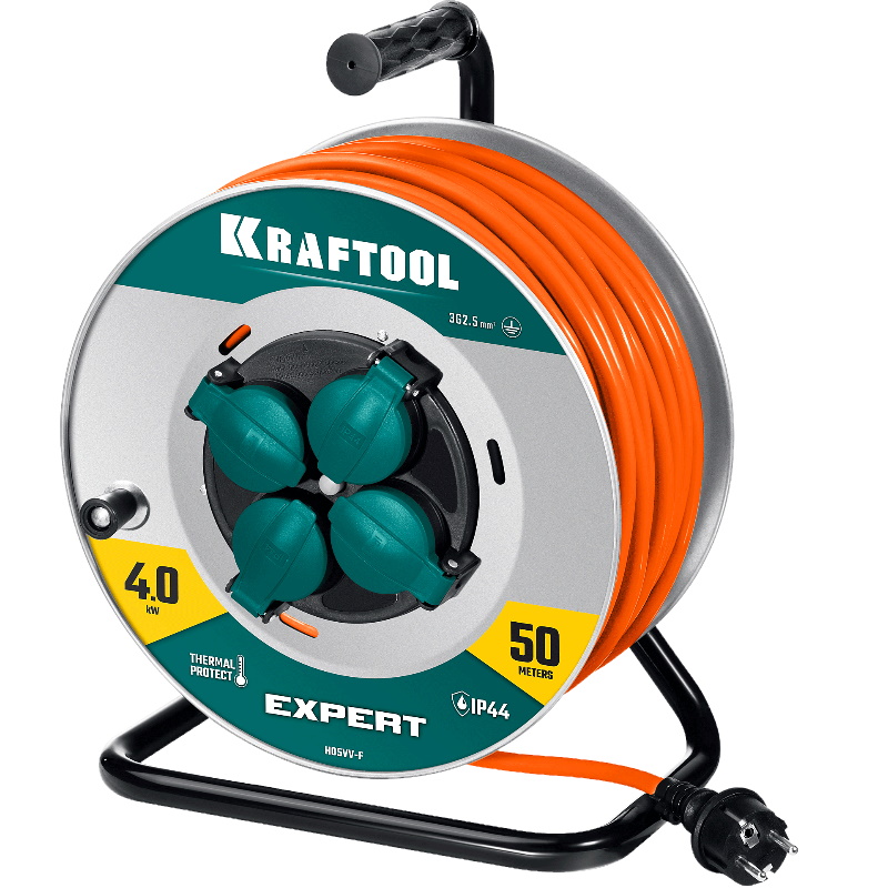 Силовой удлинитель на стальной катушке Kraftool Expert 55089-50, ПВС 3х2.5, 50 м, 4000 Вт, IP44