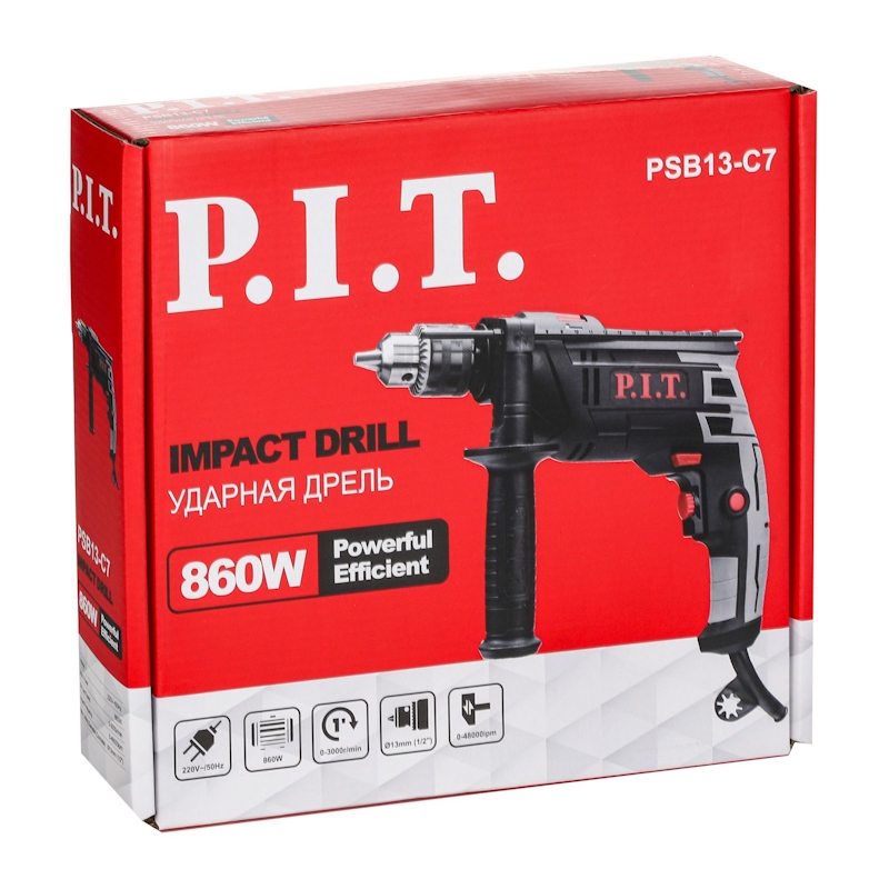 Дрель ударная электрическая P.I.T. PSB13-C7, 850Вт, ключ. патрон 13мм, 0-3000 об/мин, 0-48000 уд/мин в Череповце