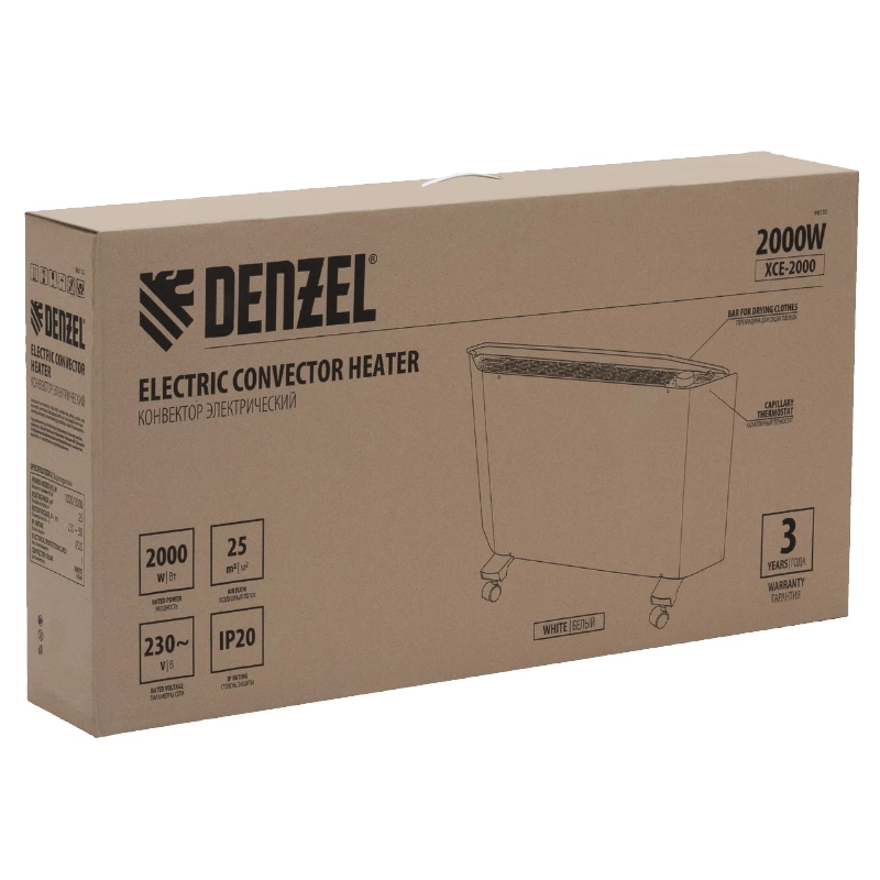 Конвектор электрический Denzel XCE-2000 98132, 230 В, 2000 Вт, белый, сушилка, колеса, Х-элемент в Туле