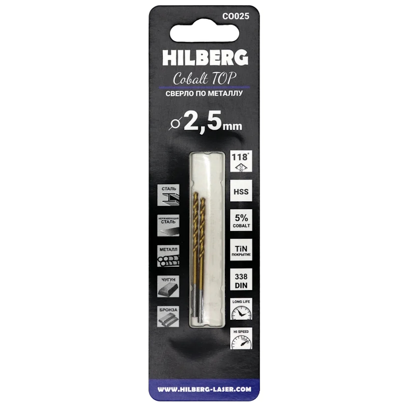 Сверло по металлу Hilberg CO025, 2.5*57(30)мм (2шт) Cobalt 5% TOP в Иваново