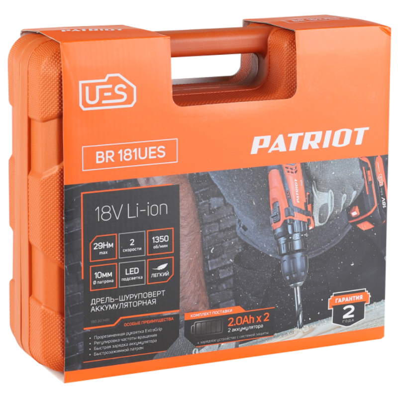 Аккумуляторная дрель-шуруповерт Patriot BR 181UES 180201481 (макс диаметр сверления металла 8 мм)
