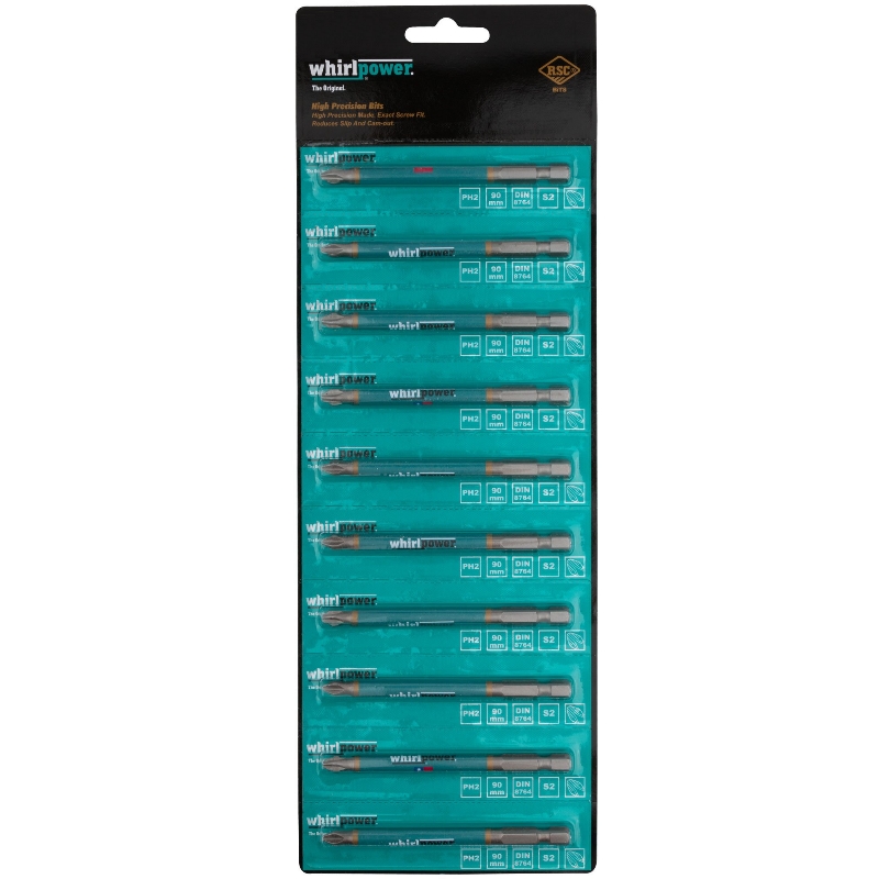 Биты Whirlpower 57580, сталь S2, с насечкой, Профи, 90 мм PH2, 10 шт.