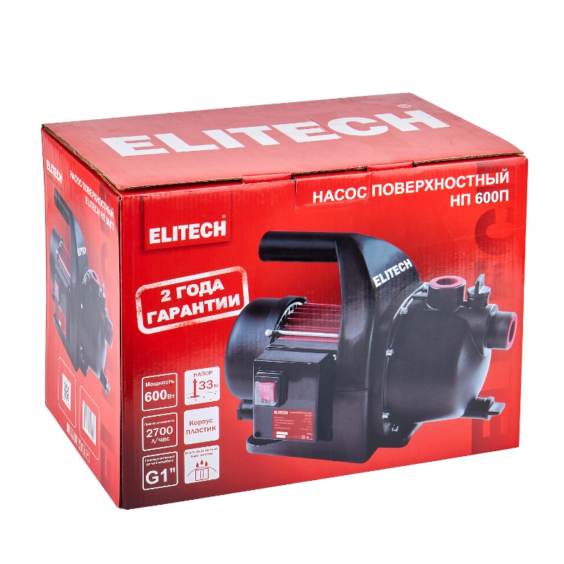 Насос поверхностный Elitech НП 600П 205642, 600 Вт, 2700 л/ч, Н=33 м, Гл=7 м, 3.5 бар, ч/вод в Муроме