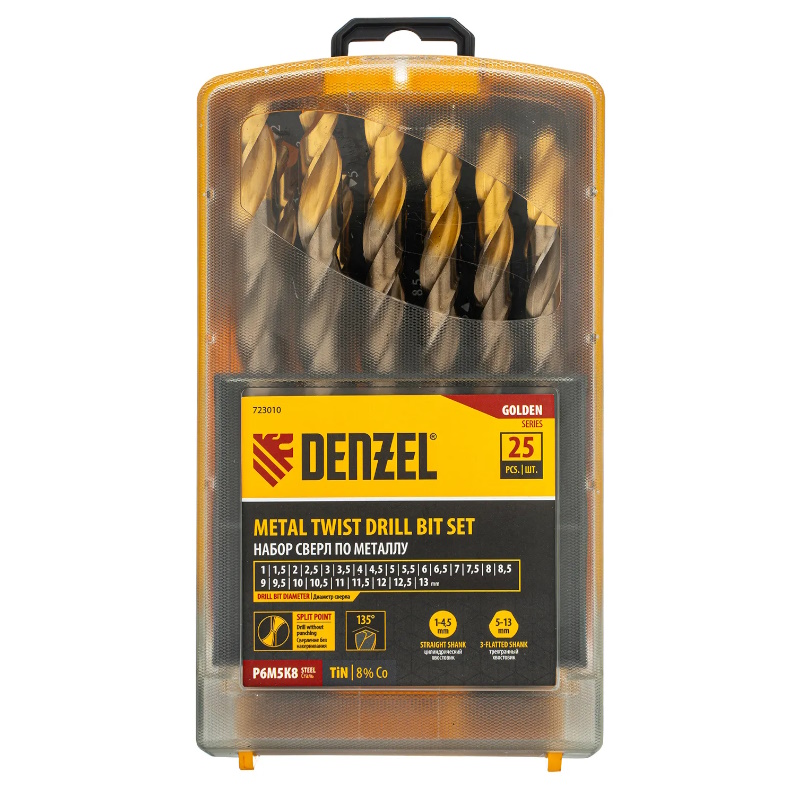 Набор сверл по металлу Denzel 723010, 1-13 мм, Р6М5К8-TiN, Golden Tip, 25 шт. в Туле