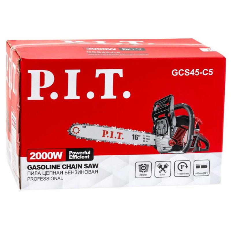Пила цепная бензиновая P.I.T. GCS45-C5, 16"/400мм, 2кВт/2,8л.с, 53см³, хромированный цилиндр, легкий старт в Рыбинске
