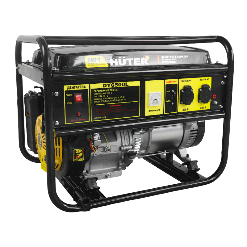 Однофазный бензиновый генератор Huter DY6500L (5 кВт, 4-х тактный двигатель, ручной запуск)