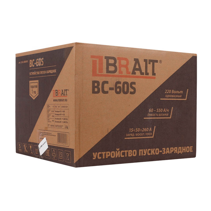 Устройство пуско-зарядное Brait BC-60S 19.01.008.041 (Напряжение 12/24В, емкость 60-550 А*ч, заряд 1,7 кВт, 40/50А, пуск 9 кВт, 260А) в Вологде