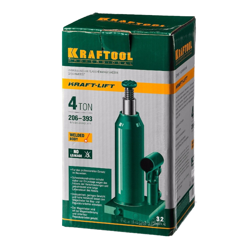 Домкрат гидравлический бутылочный Kraftool "Kraft-Lift" 43462-4_z01, сварной, 4т, 206-393мм  в Твери