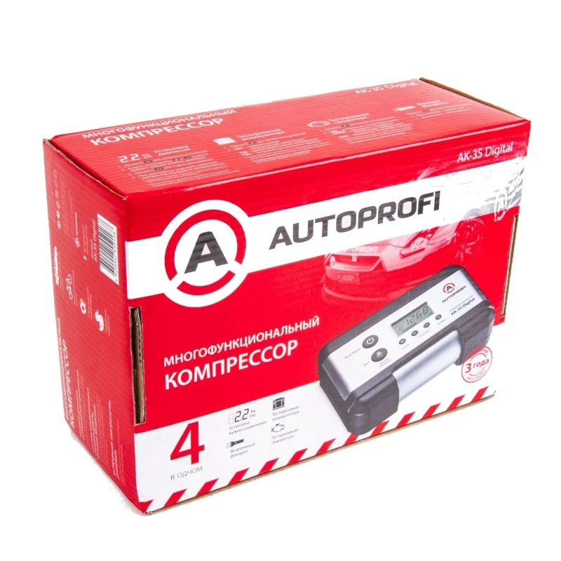 Цифровой компрессор AUTOPROFI AK-35 Digital ", 4 в 1", 30 л./мин. ЖК-дисплей, установка давления, тест АКБ и генератора в Твери