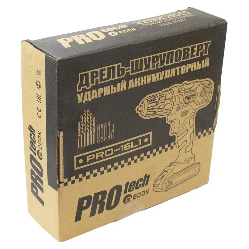 Дрель шуруповерт аккумуляторная Edon PROtech PRO-16L1 + Набор оснастки  21454, 16В, 0-450/0-1450 об/мин, 1 АКБх2 Ач, слайдер, ЗУ