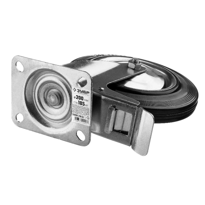 Колесо поворотное c тормозом Зубр 30936-200-B 200 мм, г/п 185 кг, игольчатый подшипник, резина в Нижнем Новгороде