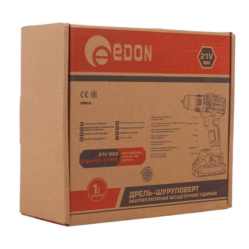 Аккумуляторная дрель-шуруповерт Edon Super AD-21PBL, ударная, бесщеточная (45 Нм, 2 ск. 1 акб под Makita LXT, металлический патрон) в Туле