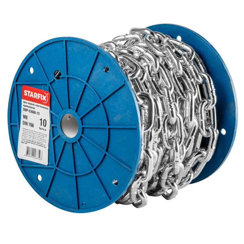 Цепь Starfix SMP-63688-10, сварная, короткозвенная, оцинкованная, М8, DIN 766, бухта 10 м в Переславле