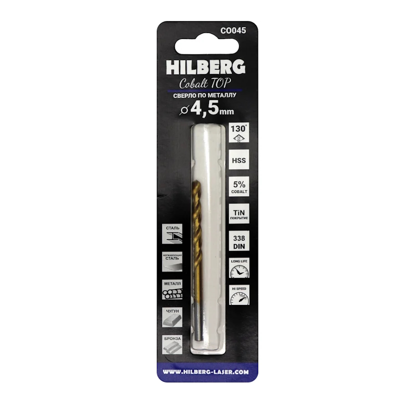Сверло по металлу Hilberg CO045, 4.5*80(47)мм Cobalt 5% TOP в Туле