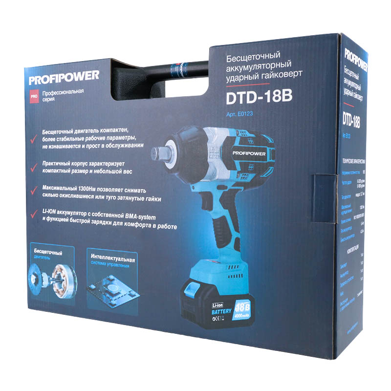 Аккумуляторный гайковерт ProfiPower DTD-18B E0123 (бесщеточный, 4.0Ач, 3/4, напряжение 18 v, 1300Нм) в Ярославле