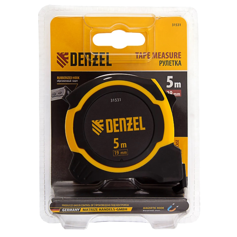 Рулетка Denzel 31531, 5м х 19мм, двухкомп. корпус, магнитный обрезиненный зацеп  в Иваново
