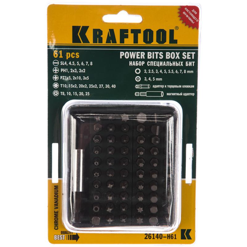 Набор бит с адаптером Kraftool 26140-H61 (61 предмет, материал crv, тип ph, torx, pz, sl)