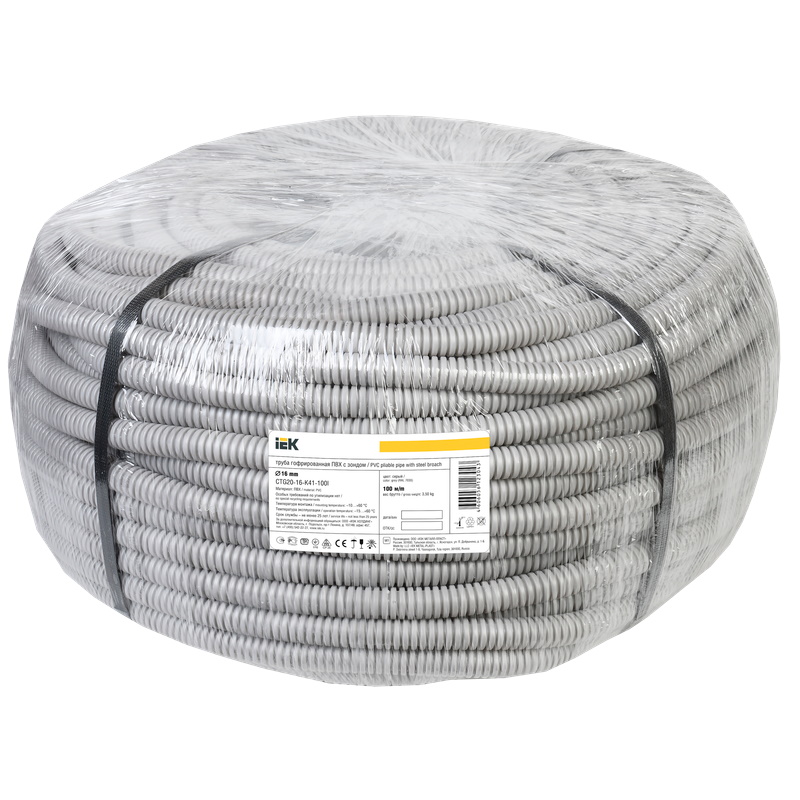 Труба IEK CTG20-16-K41-100I, ПВХ, 16 мм, серая, с зондом, 100 м