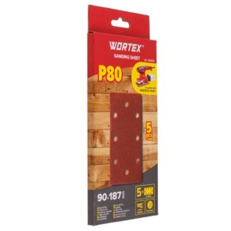 Шлифлист Wortex 1334433, 90х187 мм, Р80, д/дерева. самосцепляющийся, 8 отверстий, 5 шт