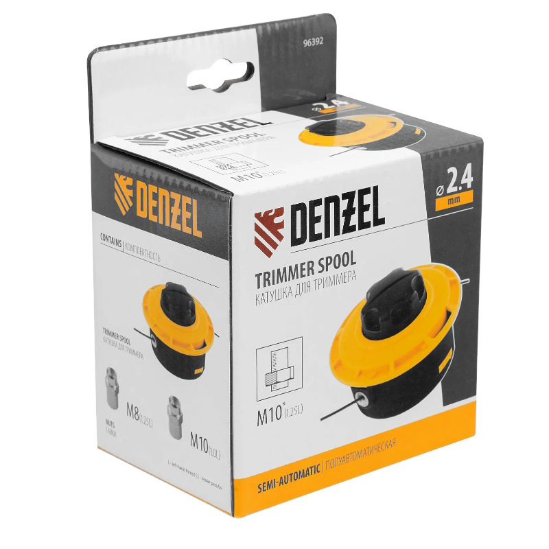 Катушка триммерная полуавтоматическая Denzel 96392, легкая заправка, гайка М10х1,25L, гайка М10х1L, гайка М8х1,25L  в Кинешме