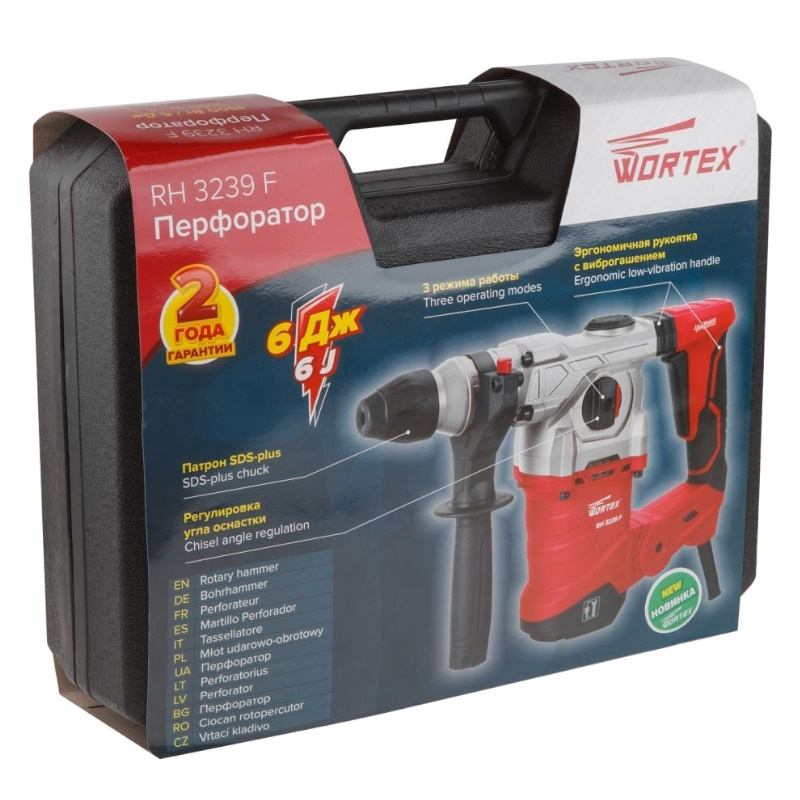Перфоратор Wortex RH 3239 F RH3239F1129 + 2 зубила, 3 сверла в кейсе, с защитной муфтой, с виброзащитой в Туле