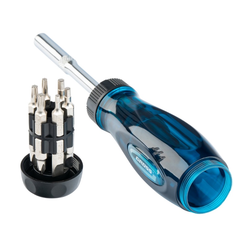 Отвертка реверсивная Gross 11603, с удлинителем, трещотка 72 зуба, биты, 12 шт.