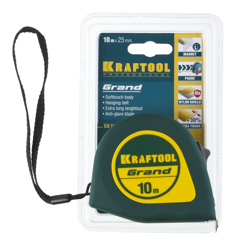 Рулетка Kraftool GRAND 34022-10-25, обрезиненный пластиковый корпус, 10м/25мм в Угличе
