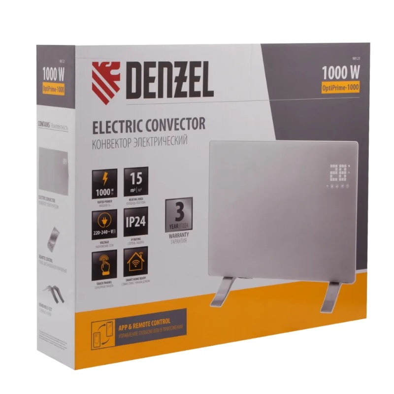Конвектор электрический Denzel OptiPrime-1000 98121, Wi-Fi, тачскрин, цифровой термостат, 1000 Вт