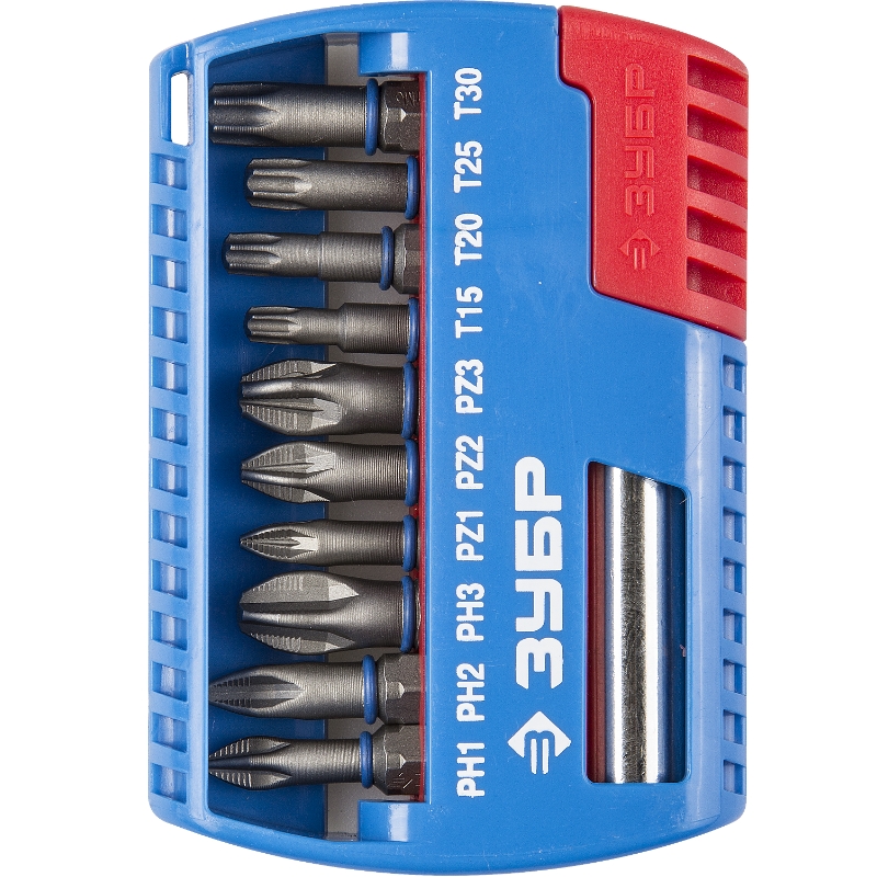 Биты с магнитным адаптером Зубр 26051-H11 Cr-Mo PH1 PH2 PH3 PZ1 PZ2 PZ3 TORX 15202530 11 предметов 621₽