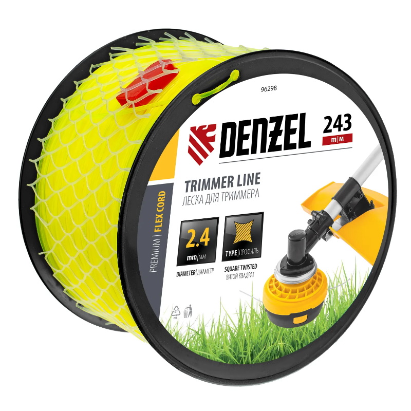 Леска для триммера витой квадрат Denzel FLEX CORD 96298, 2,4ммх243м, на DIN катушке