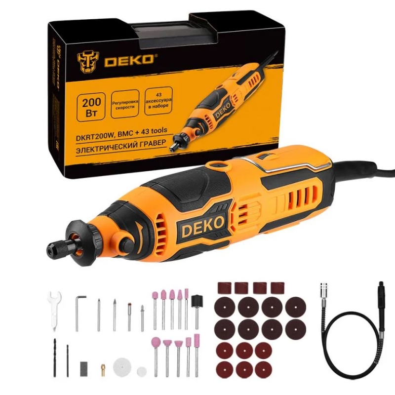 Электрический гравер в кейсе Deko DKRT200W 083-1066, с регулировкой скорости, 200 Вт, + набор аксессуаров 43 в Александрове