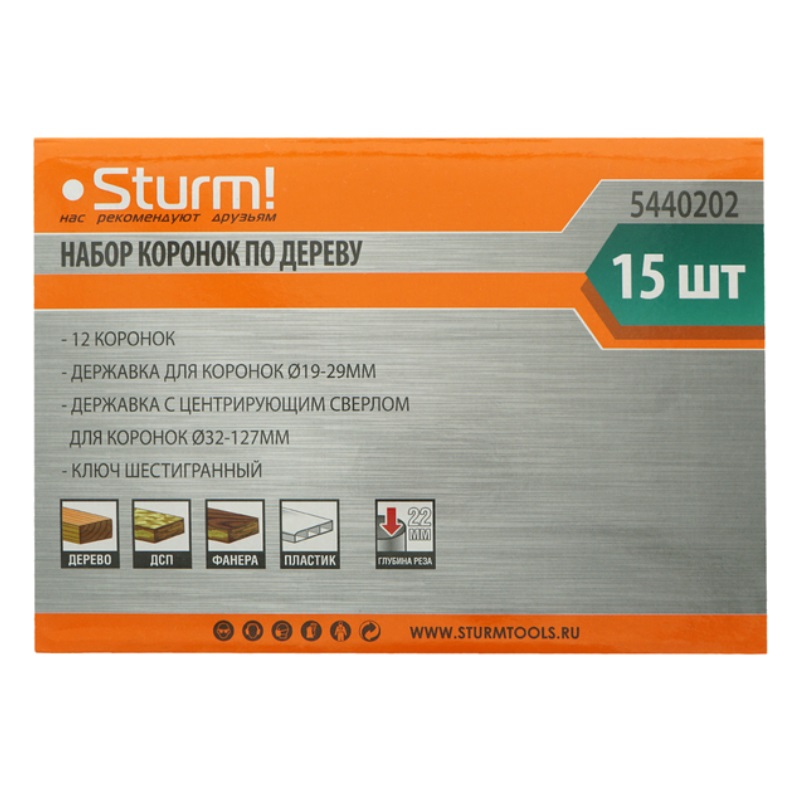 Набор коронок по дереву Sturm 5440202, 12 шт., 19/22/29/32/38/44/51/64/76/89/102/127x22мм в Муроме