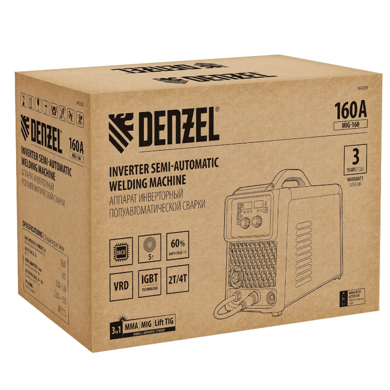 Аппарат инверторной полуавтоматической сварки Denzel MIG-160 94309, 160 А, ПВ 60%, катушка 5 кг  в Угличе